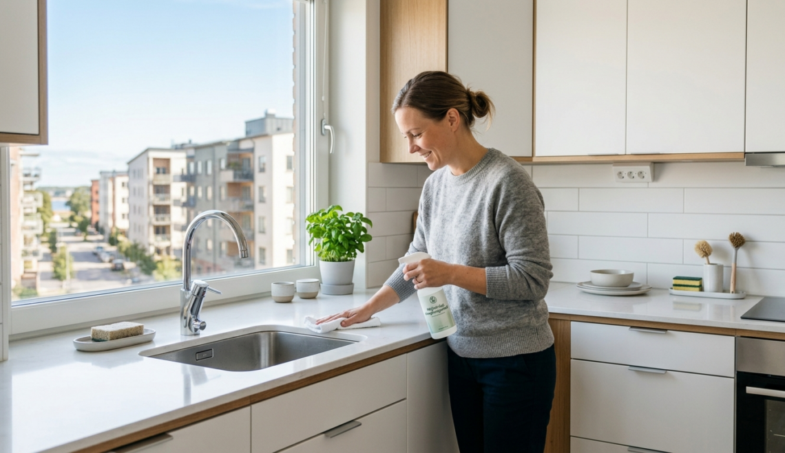 Person som städar ett modernt kök i Gävle med fokus på köksstädning och hygien